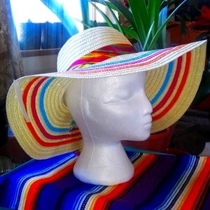 GROOVY GLAM Natural Pale Yellow Wide Brim Straw Hat Summer Floppy Stripes